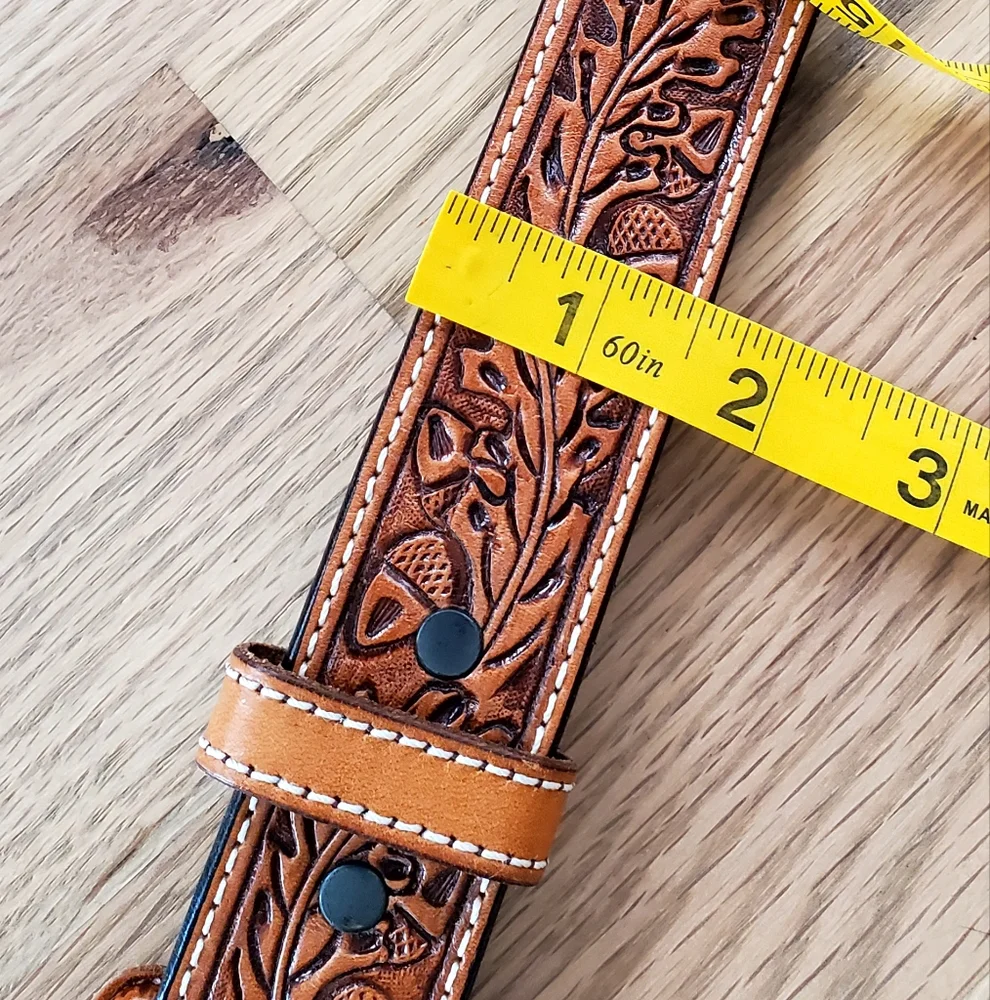 Vogt Russet Brown Hand Tooled Acorn/Leaf Leather Belt, 48